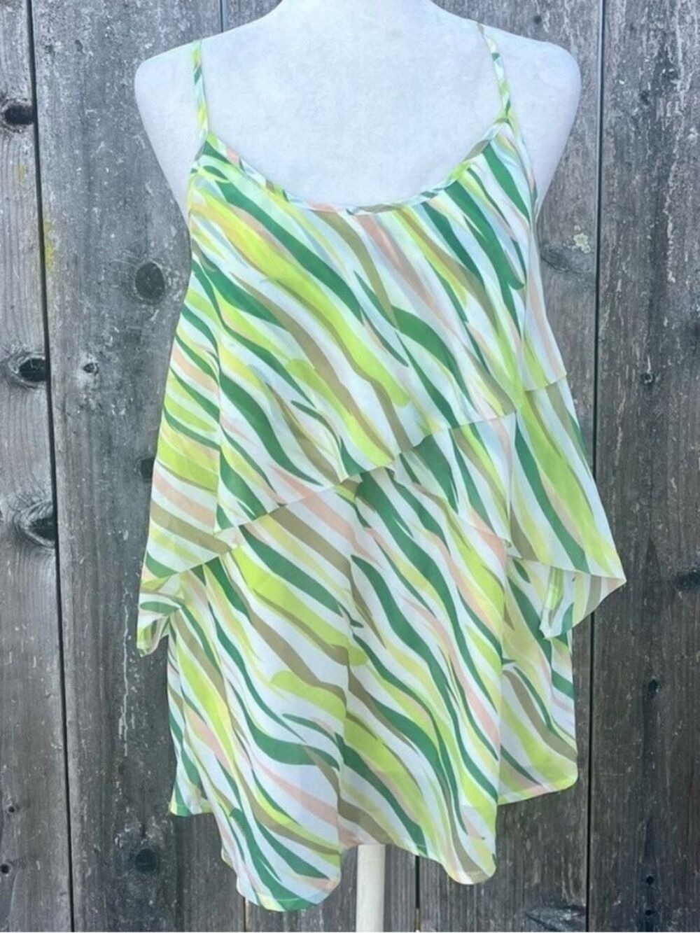 Rosemunde Copenhagen Tiered Fluttery Yellow and Green Striped Tank - Size Large